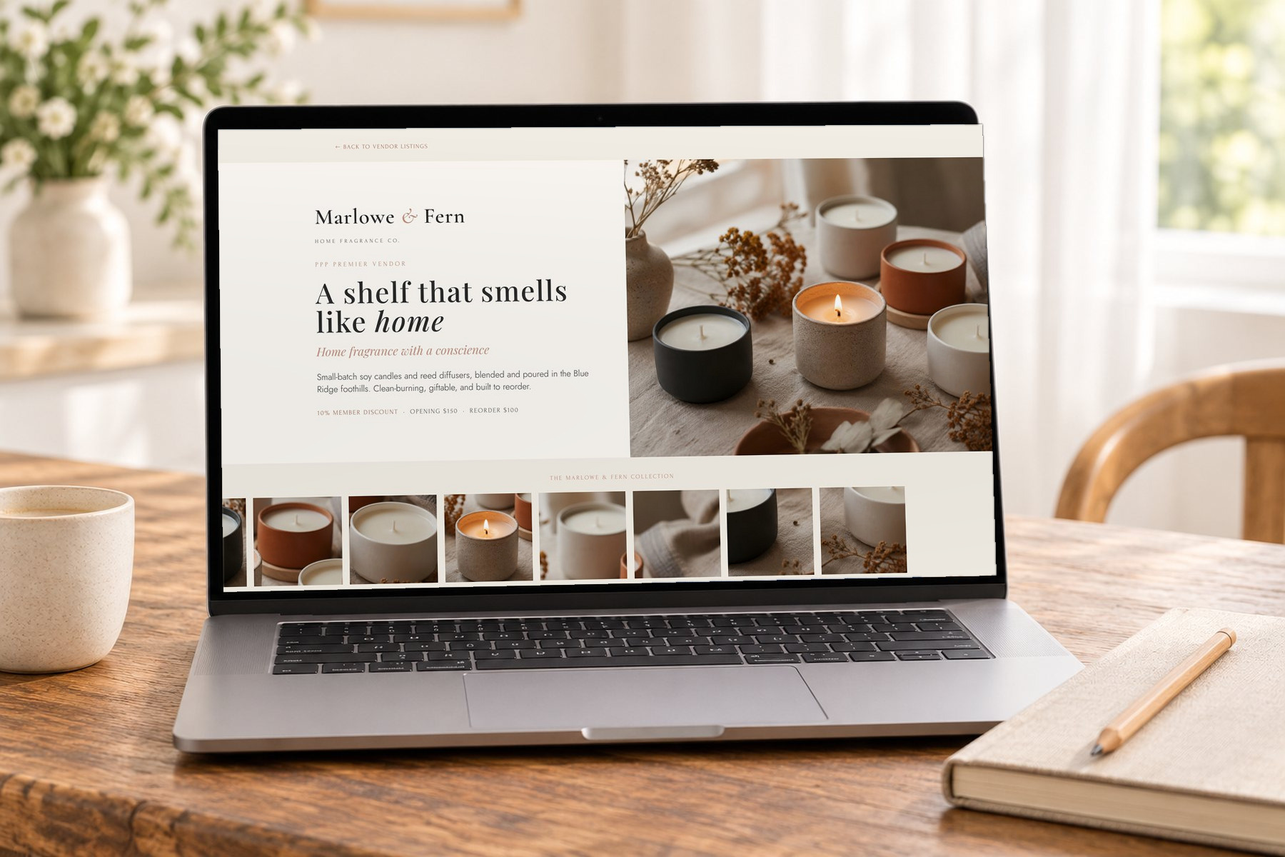 A vendor page for Marlowe & Fern, our demonstration brand, on a laptop