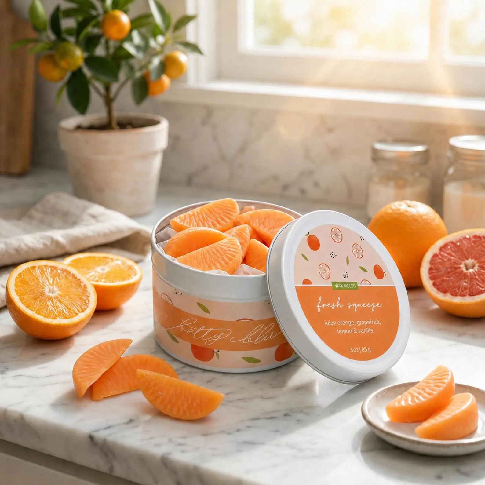 Betty Blu Fresh Squeeze wax melts, orange-slice shaped melts in a tin