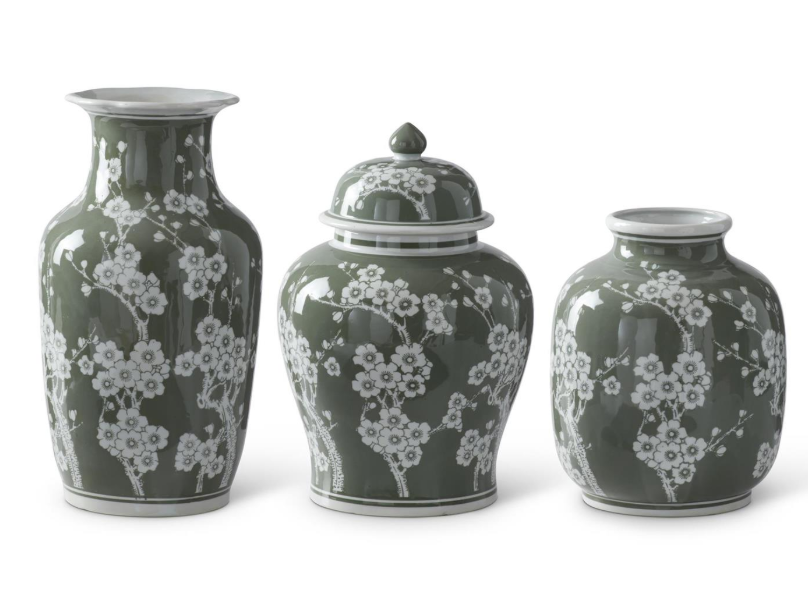 K and K Interiors sage green and white blossom ceramic vases, set of three