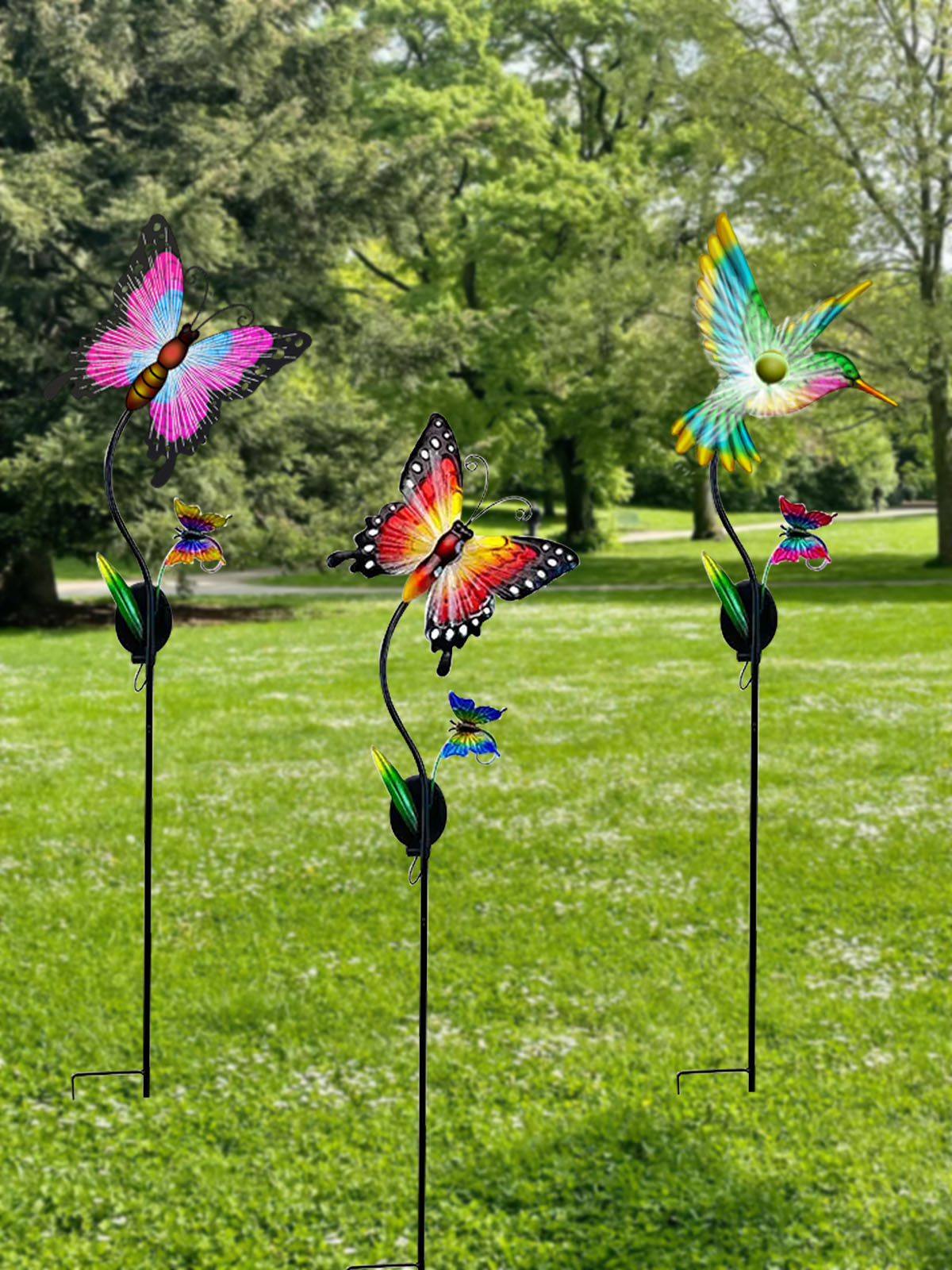 Garden All Aflutter solar LED butterfly yard stakes on a lawn