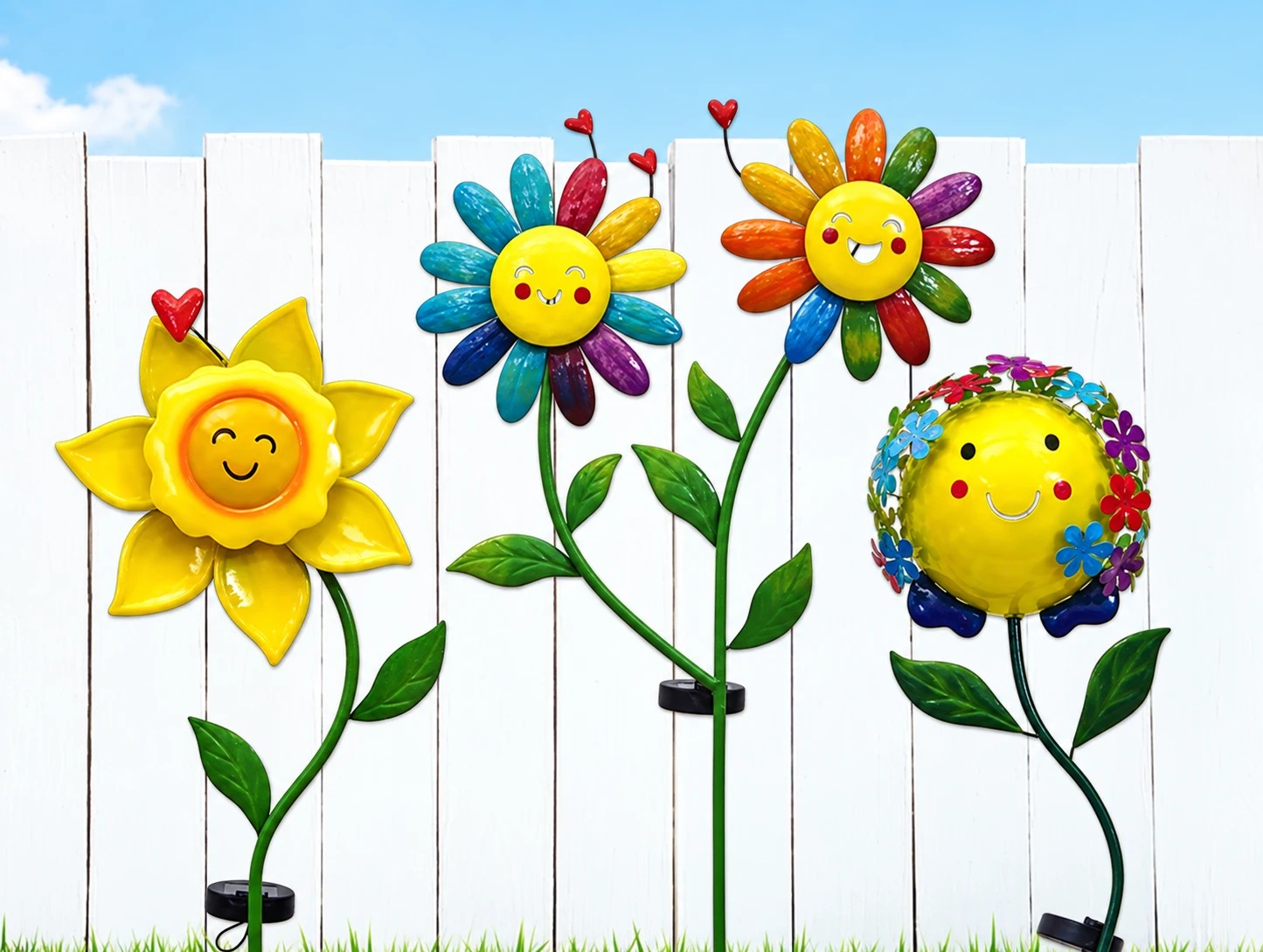 Sunset Vista Designs Best Buds Collection, four smiling solar flower stakes