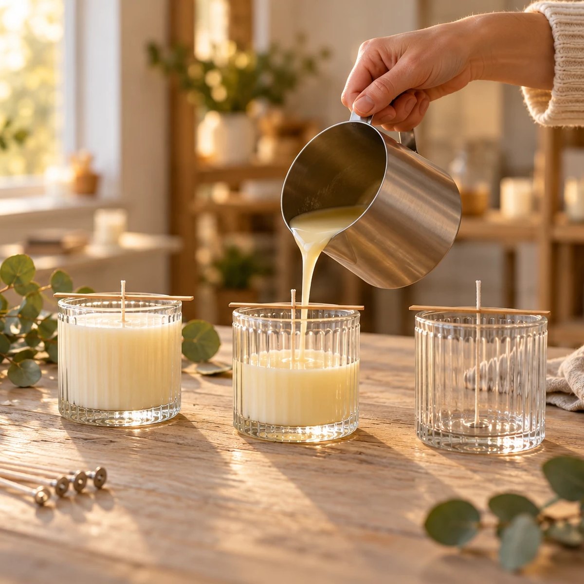 A candle being poured in the studio, with empty glass jars, wicks and wax flakes