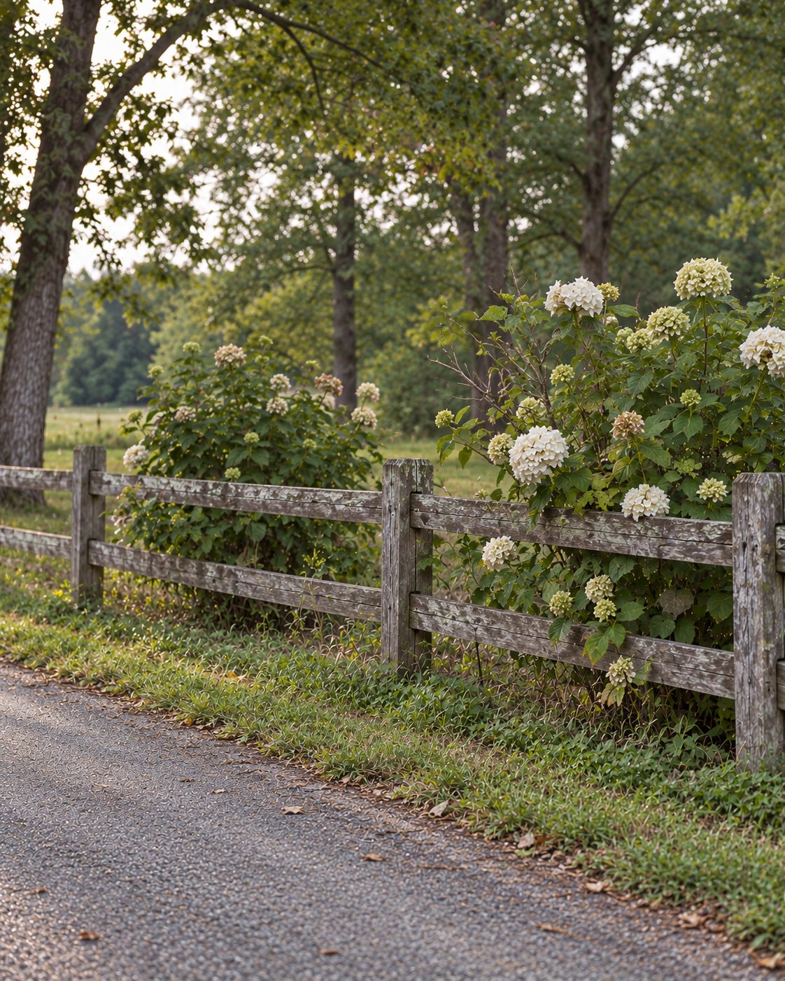Castle Farm Road in North Carolina: a split-rail fence and white hydrangeas beside the road, trees behind