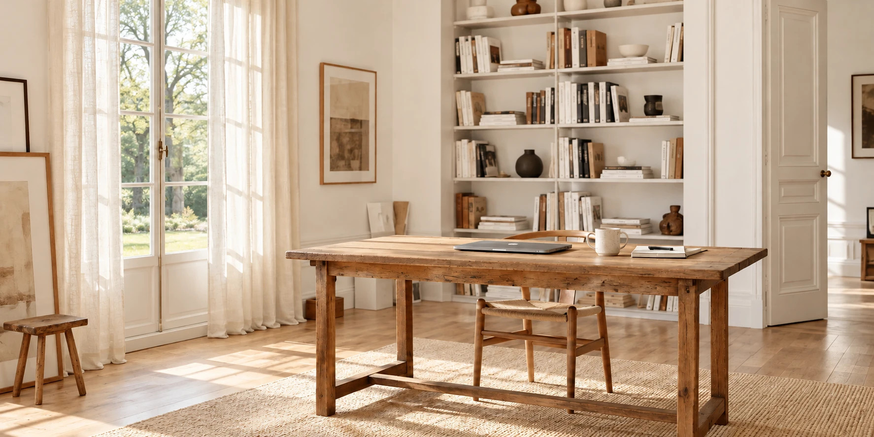 The wide studio room, a long table, shelves and tall windows