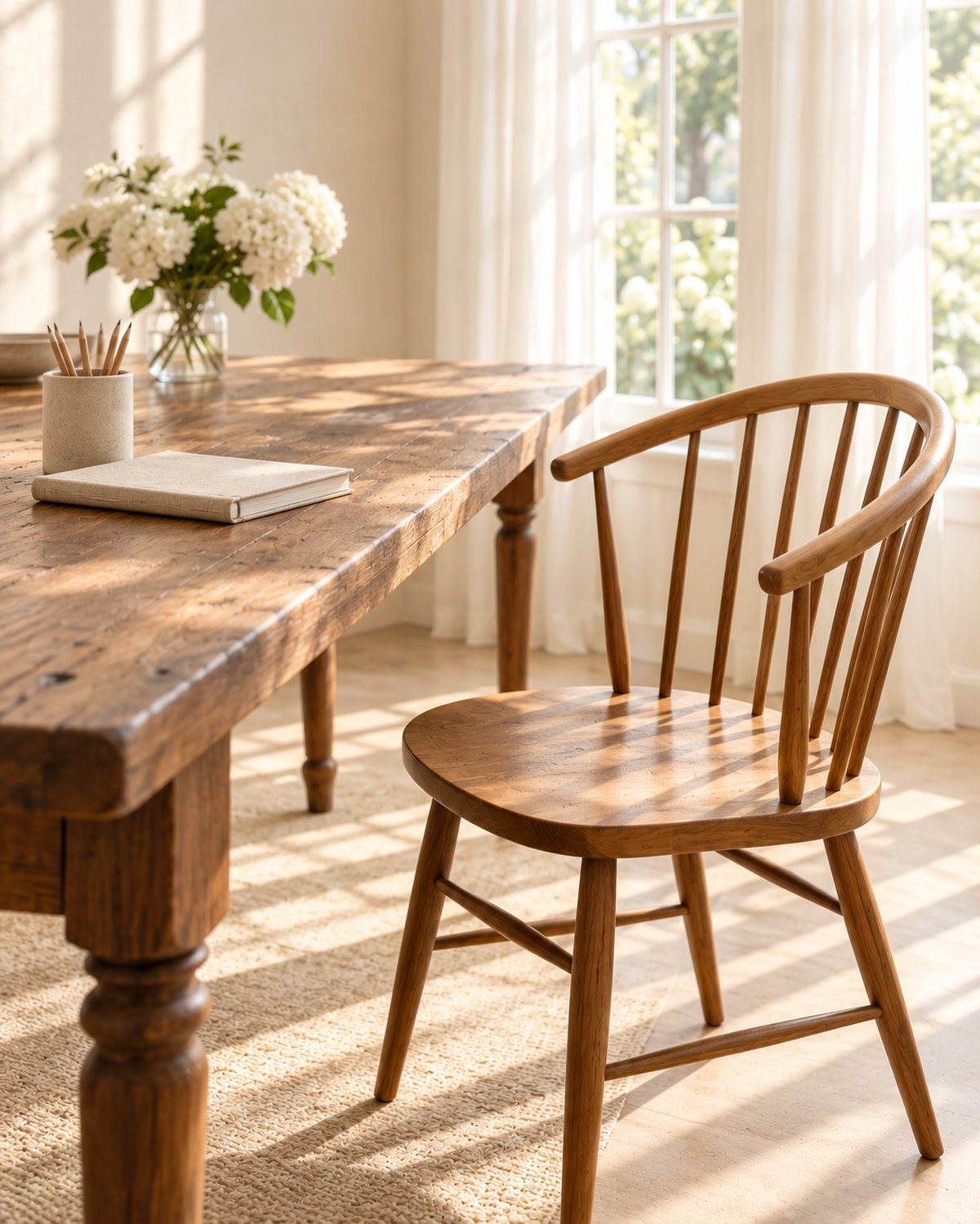 A chair pulled up to a table by the window