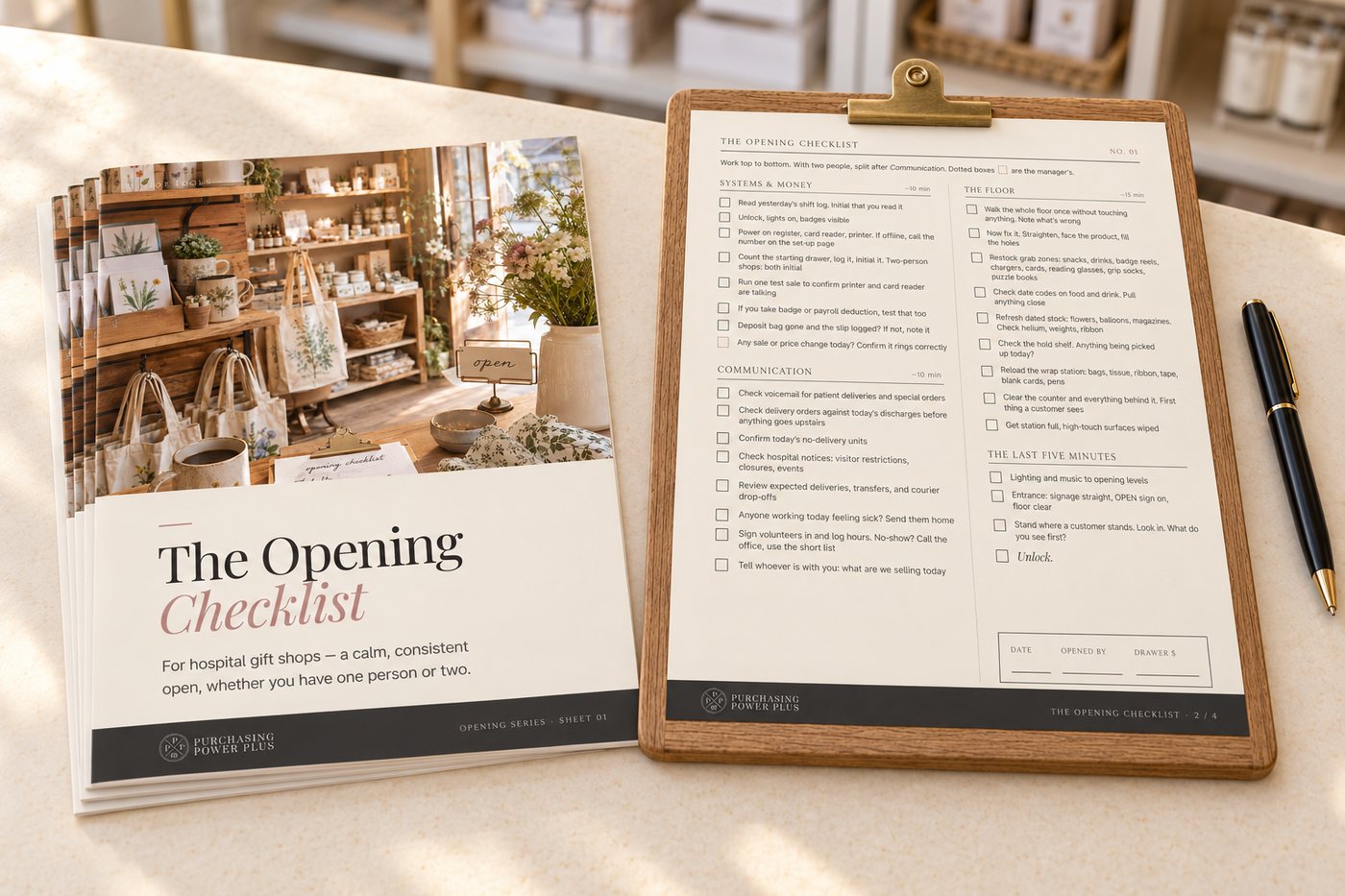 A printed opening checklist for shop owners on a clipboard, a pen beside it