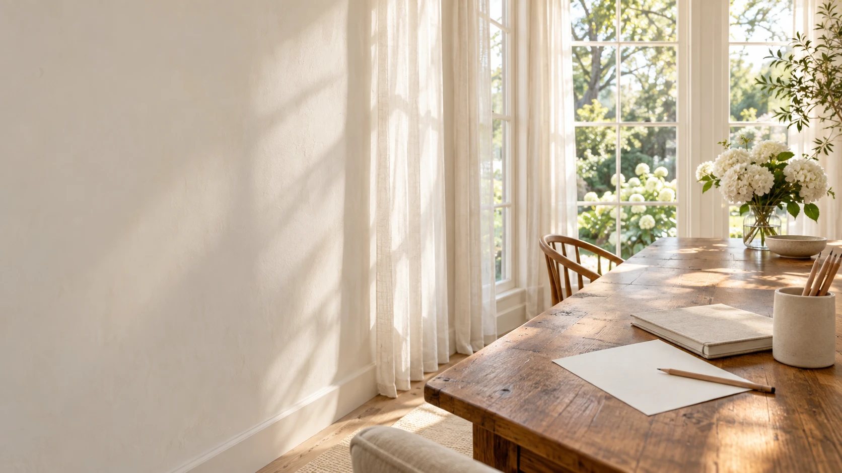 The studio table by the window, hydrangeas in a glass, a notebook and a pencil, morning light