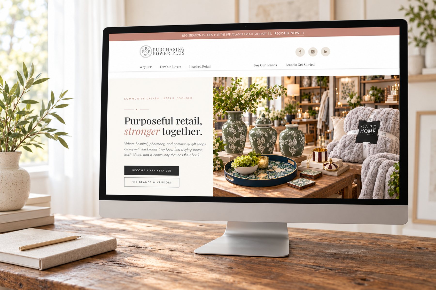 A buying group's home page on a monitor by a sunlit window