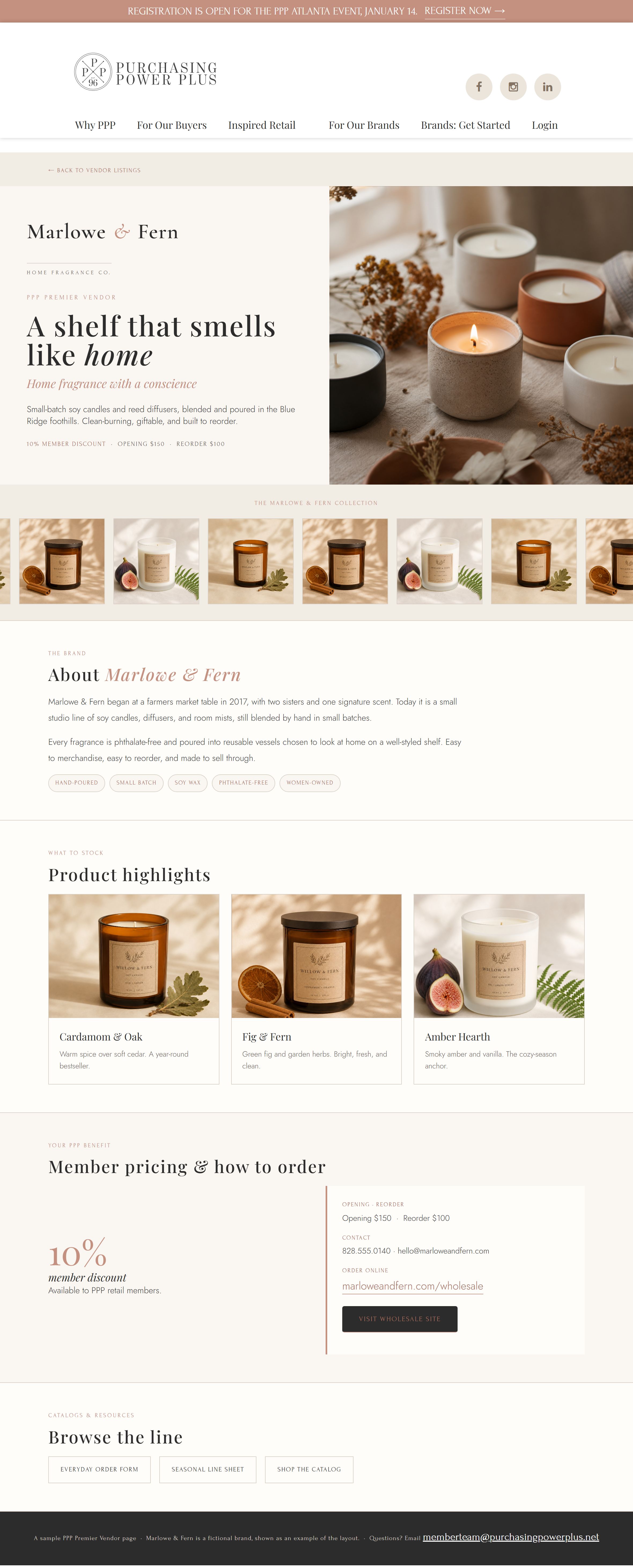 A vendor page for our demonstration brand, and on the phone the page that walks a brand through building its own