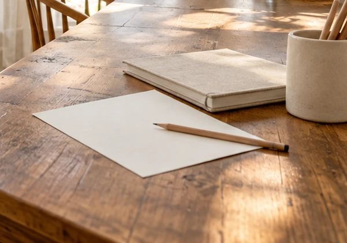 A blank sheet of paper and a pencil on the studio table in soft light