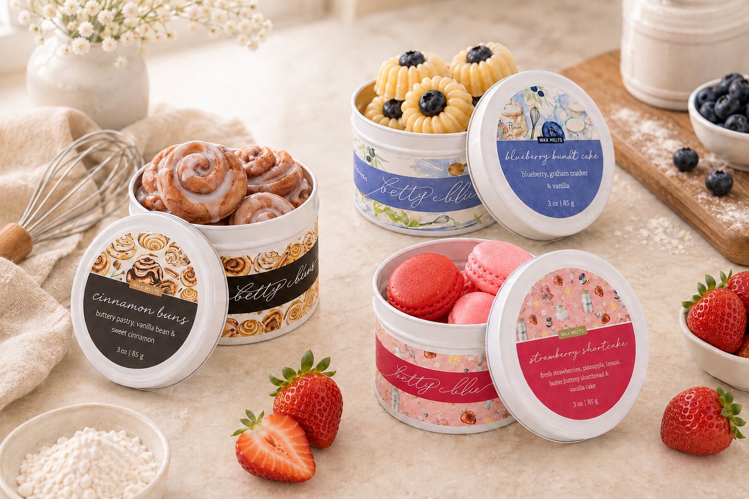 Product imagery: three tins of wax melts among the bakes they are named for, strawberries and blueberries