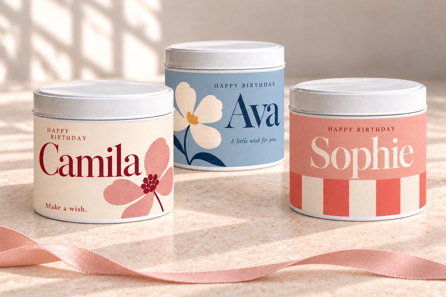 Three birthday candle tins, each with a name, on a pink ribbon