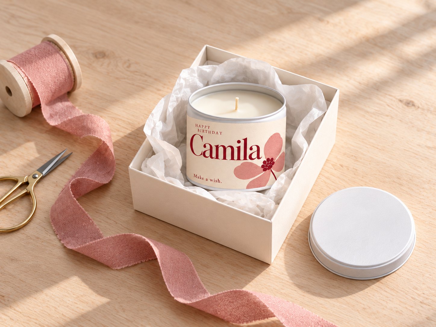 A candle with a name on its label in an open gift box, pink ribbon and scissors beside it