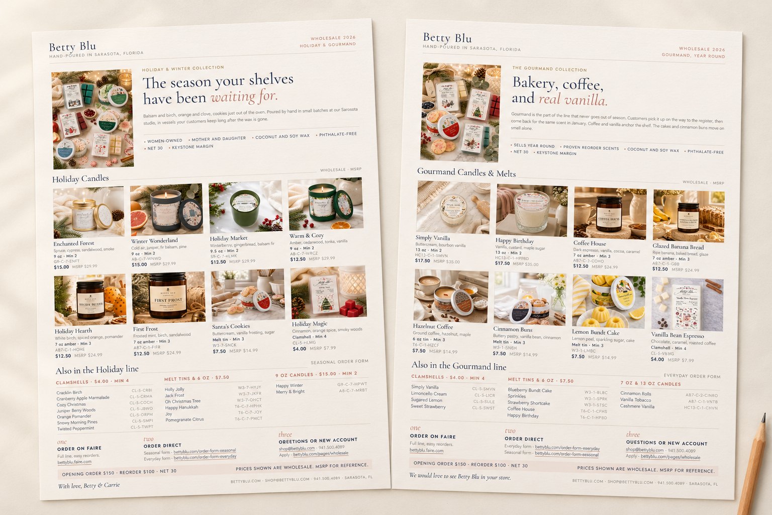 Two wholesale line sheets for a candle brand on a desk