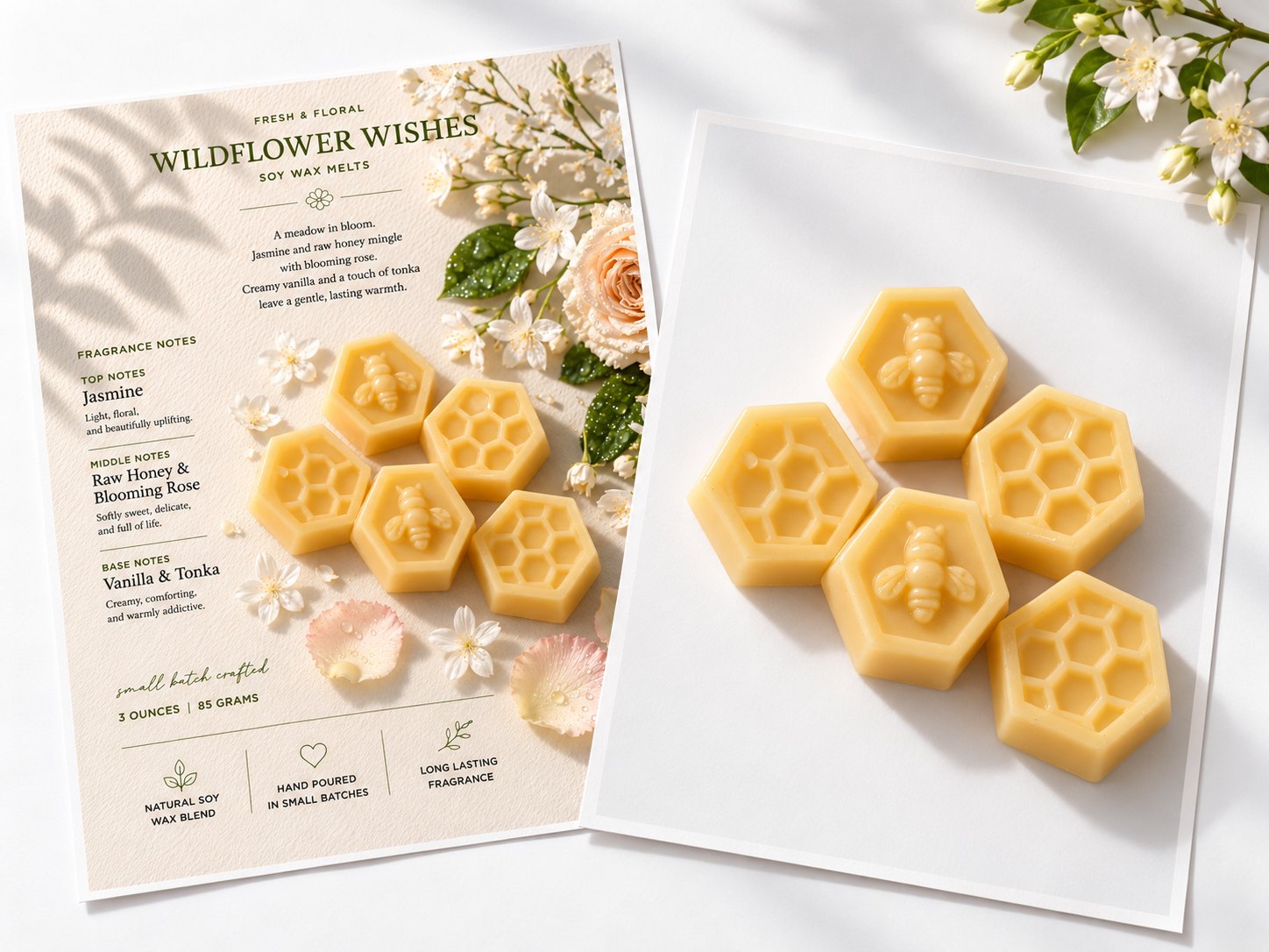 A printed product sheet for a wax melt beside honeycomb-shaped melts and spring flowers