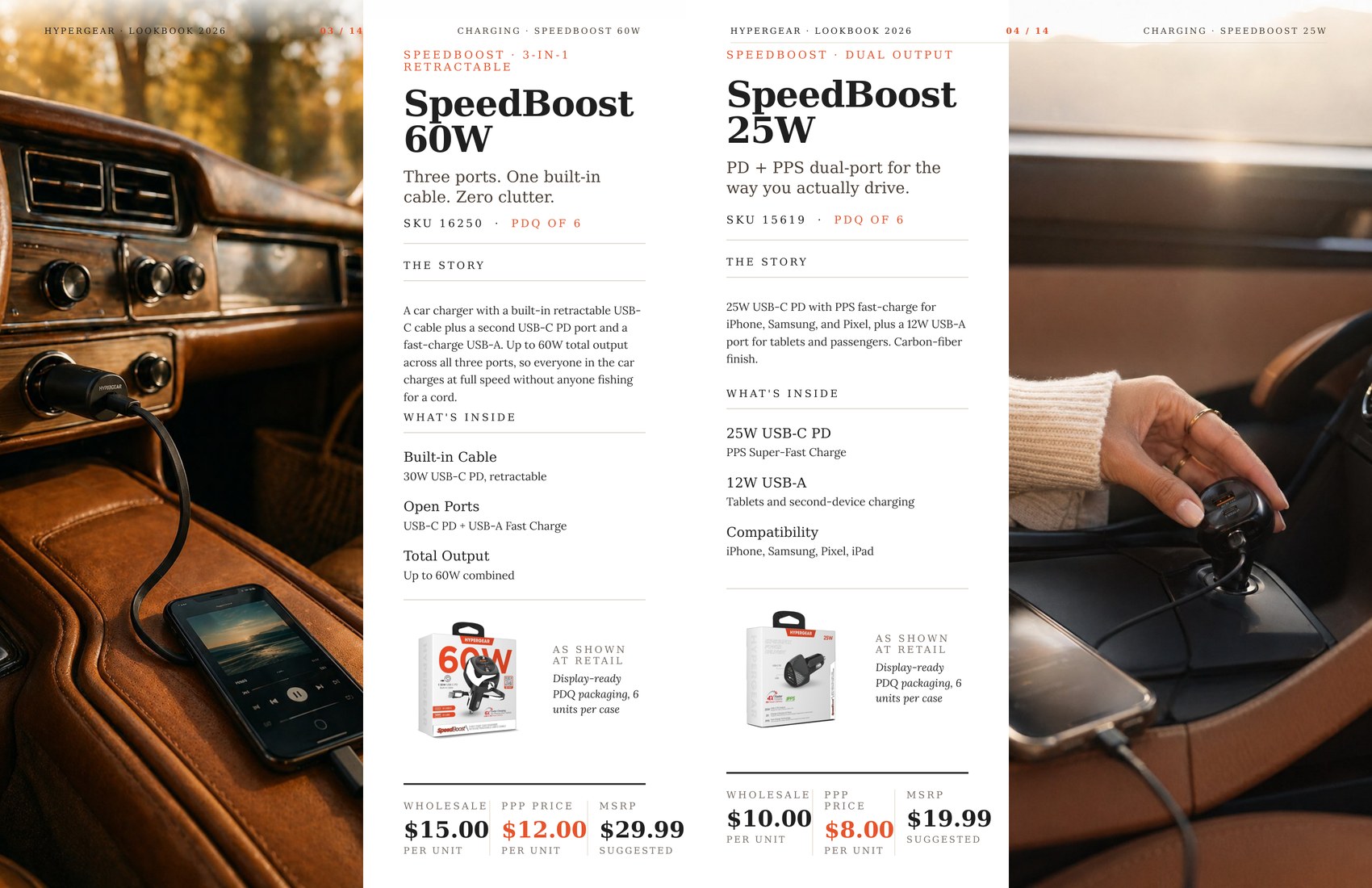 A lookbook spread for a mobile accessories brand: two car chargers, each with its story, what is inside and its prices