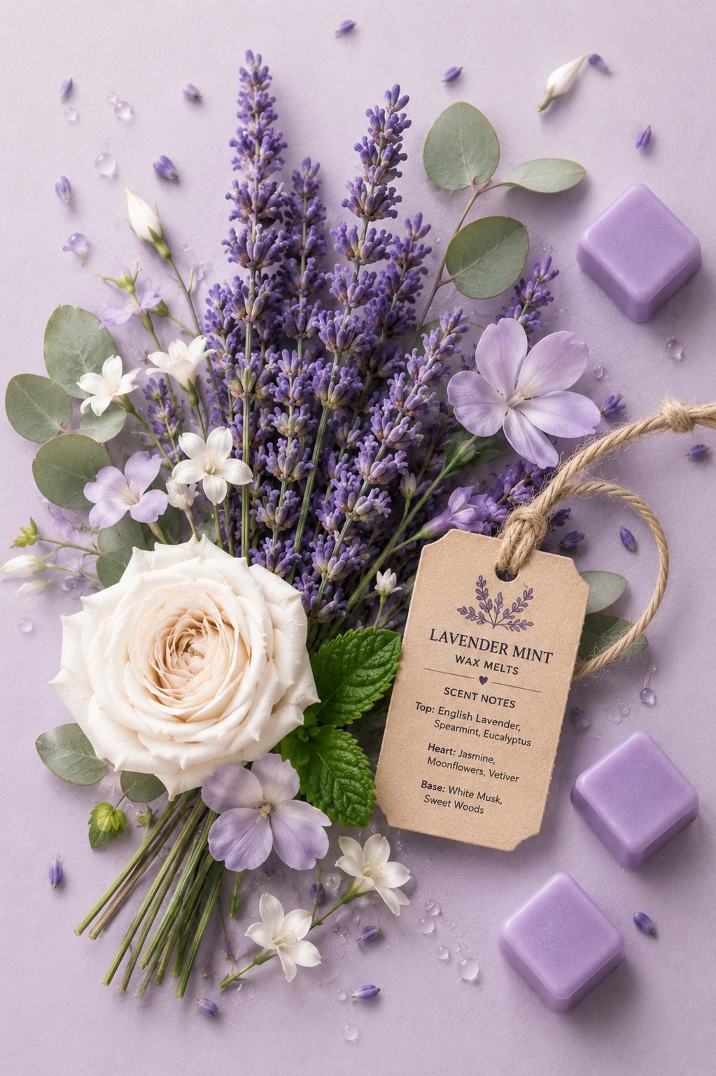 Lavender wax melts among lavender and a white rose