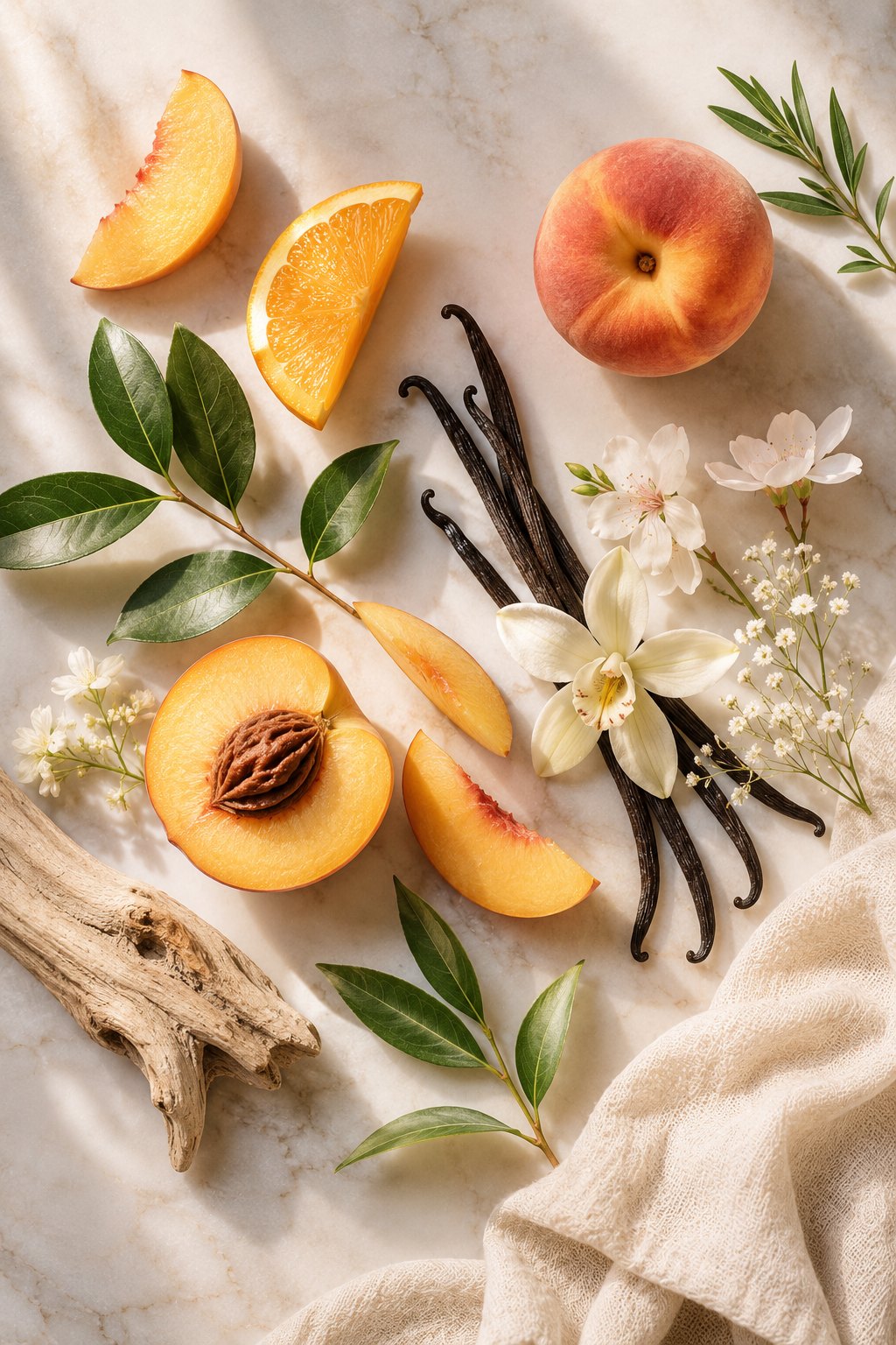 Peaches, orange and vanilla on linen