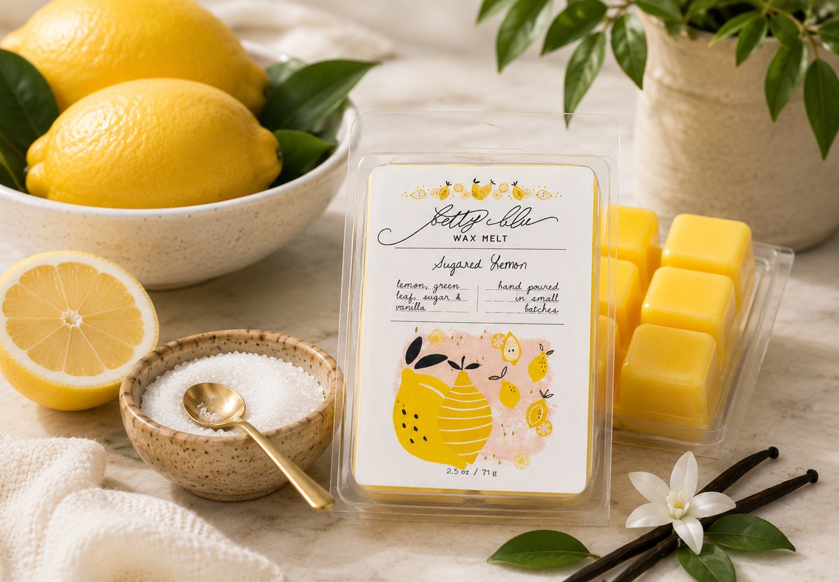 Lemon wax melts among lemons and vanilla in soft light