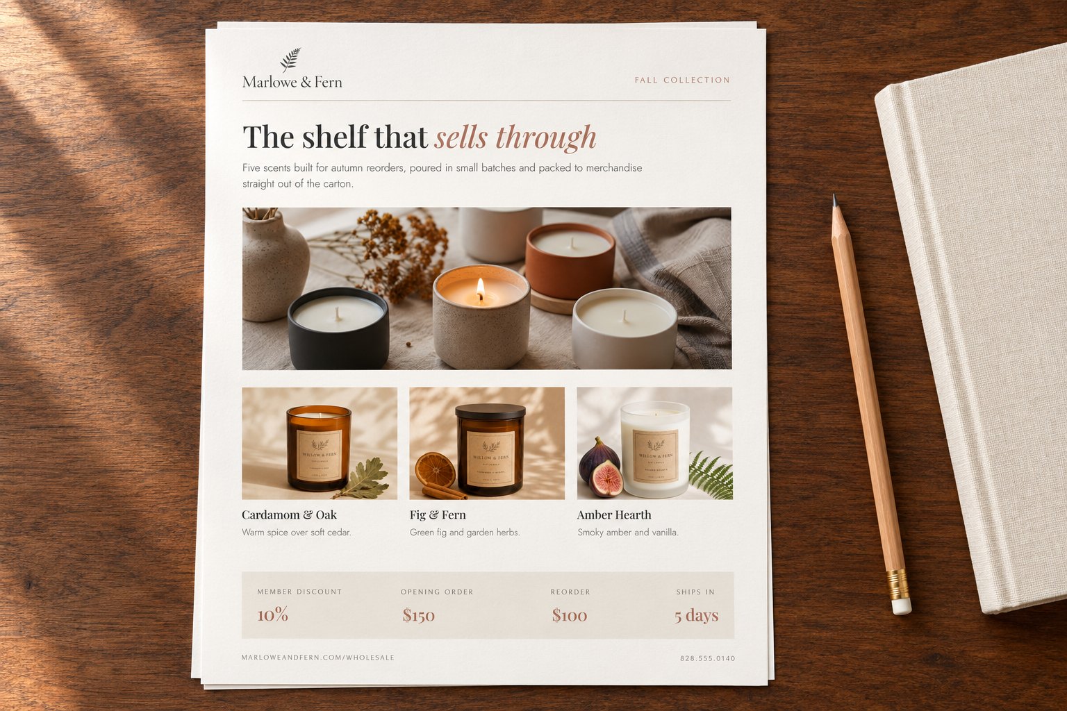 A flyer for our demonstration home fragrance brand on a wooden desk, a pencil beside it