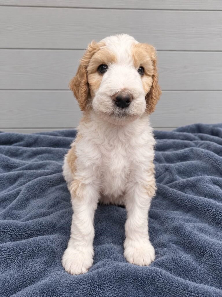 A cream and white Bernedoodle puppy on a grey blanket