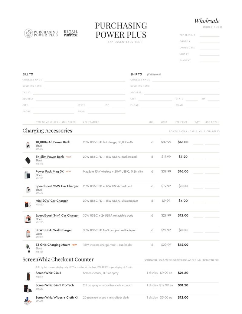 Fillable wholesale order forms, open: one for a buying group’s program, one for a candle brand