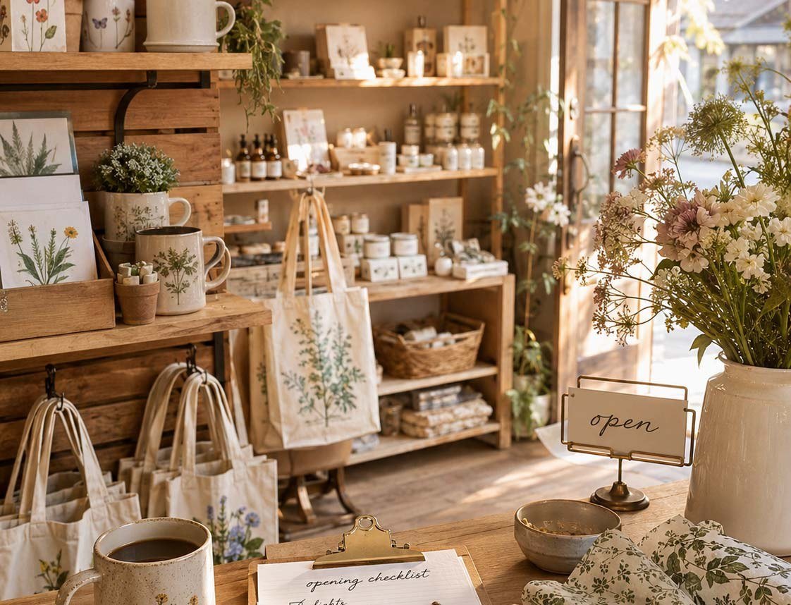 An opening checklist on a clipboard on a shop counter, shelves of gifts behind