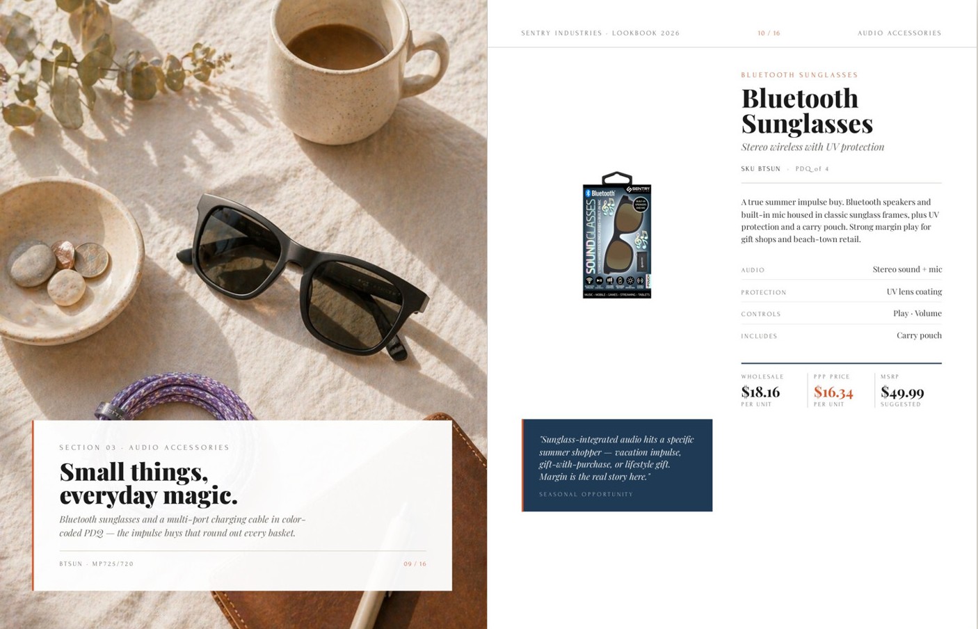 A lookbook spread for an audio electronics brand: Bluetooth sunglasses on linen beside a coffee cup, with the story and the prices on the facing page