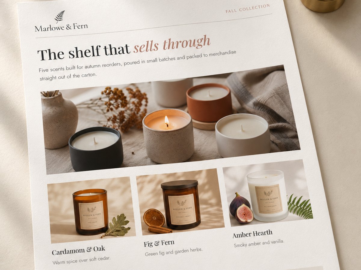 A line sheet with a candle collection, pictures and prices, on a desk