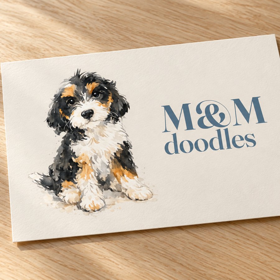 A watercolour puppy beside a wordmark for a family who raises puppies