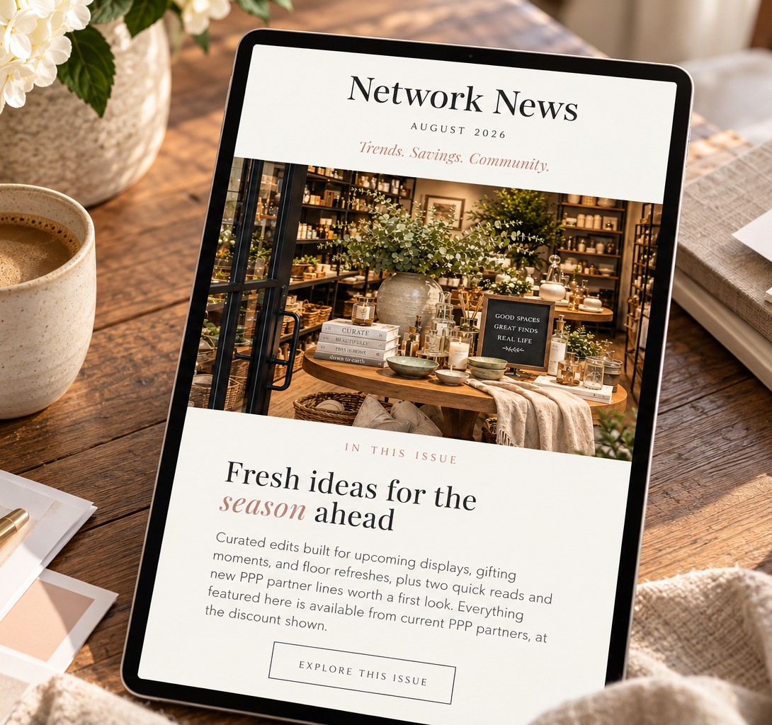 A newsletter email open on a tablet beside a coffee