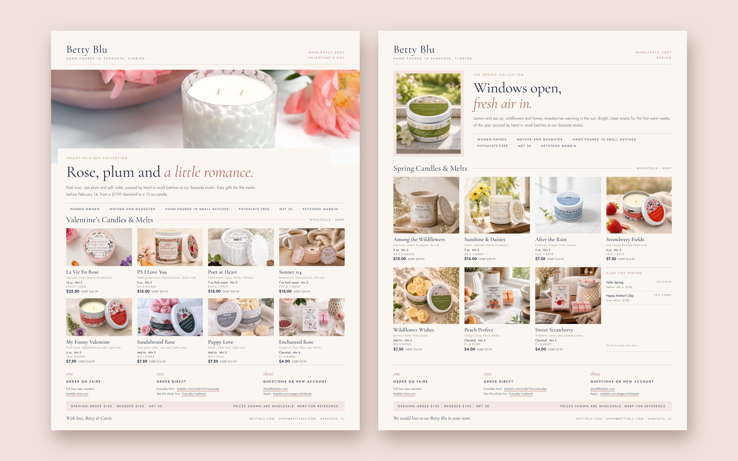 The front and back of a wholesale flyer for a candle brand, Valentine's Day on the front and spring on the back
