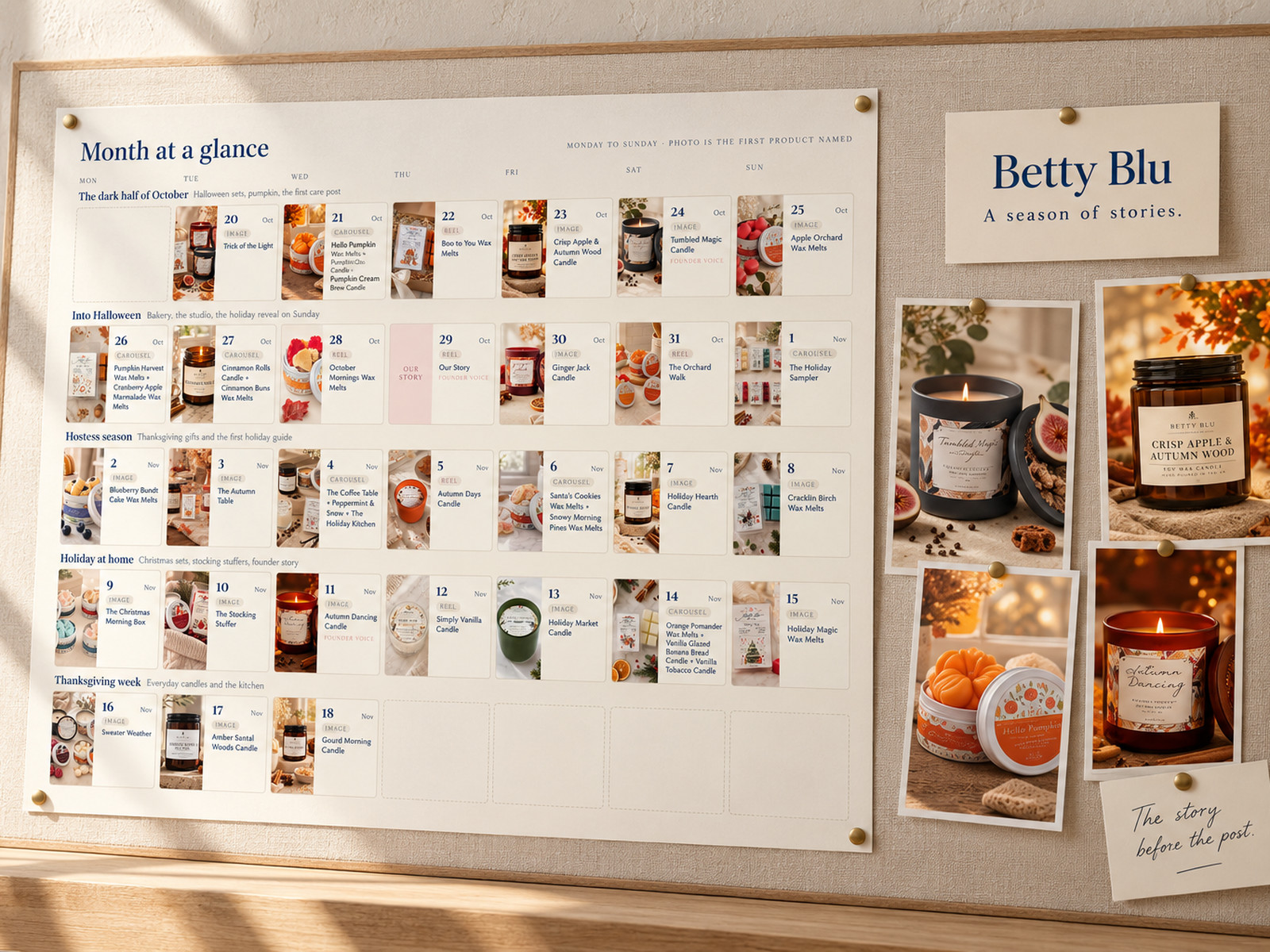 A month of social posts planned on a pinboard