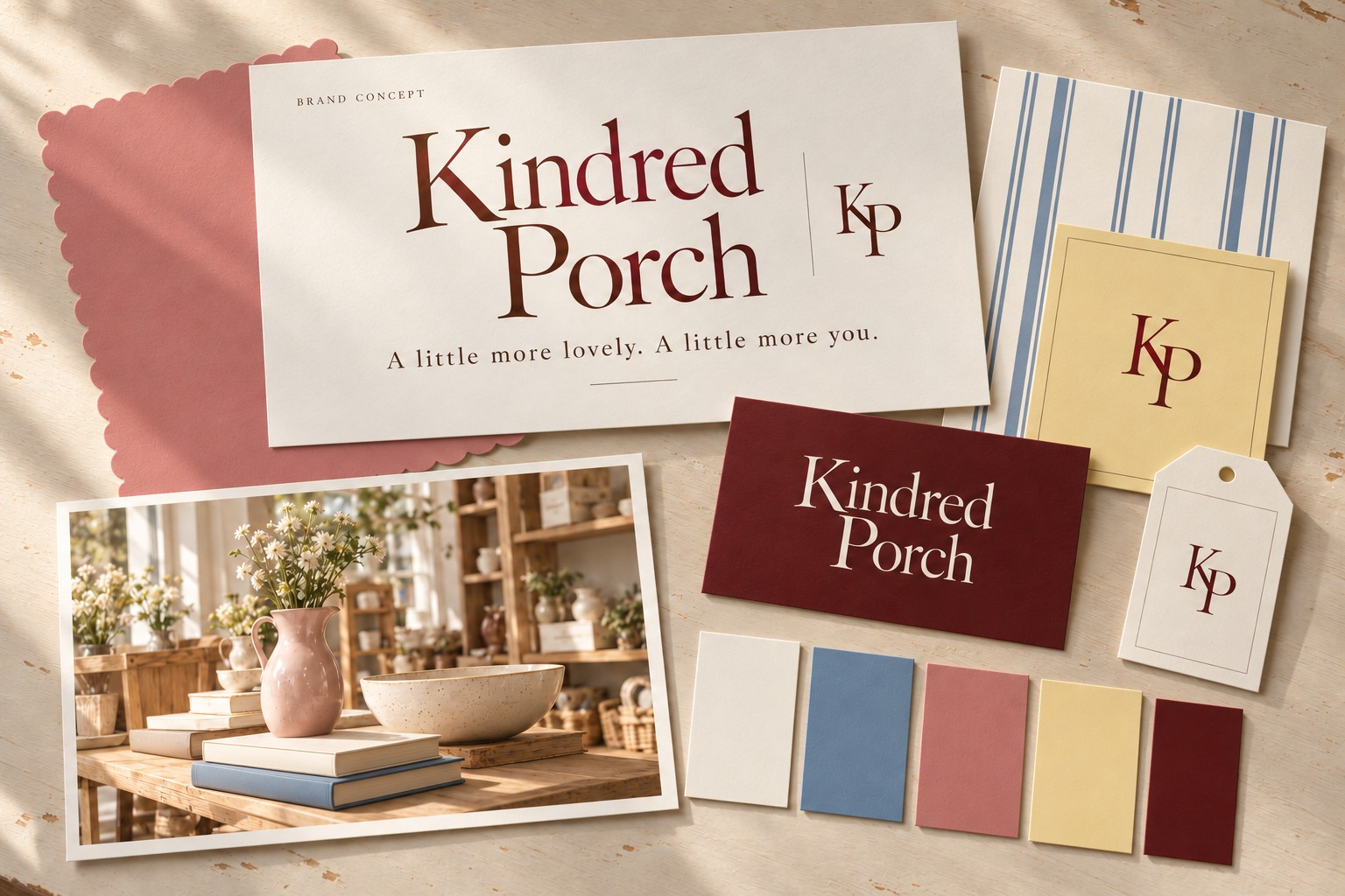A paper identity for a brand concept: the wordmark, tags, cards and swatches