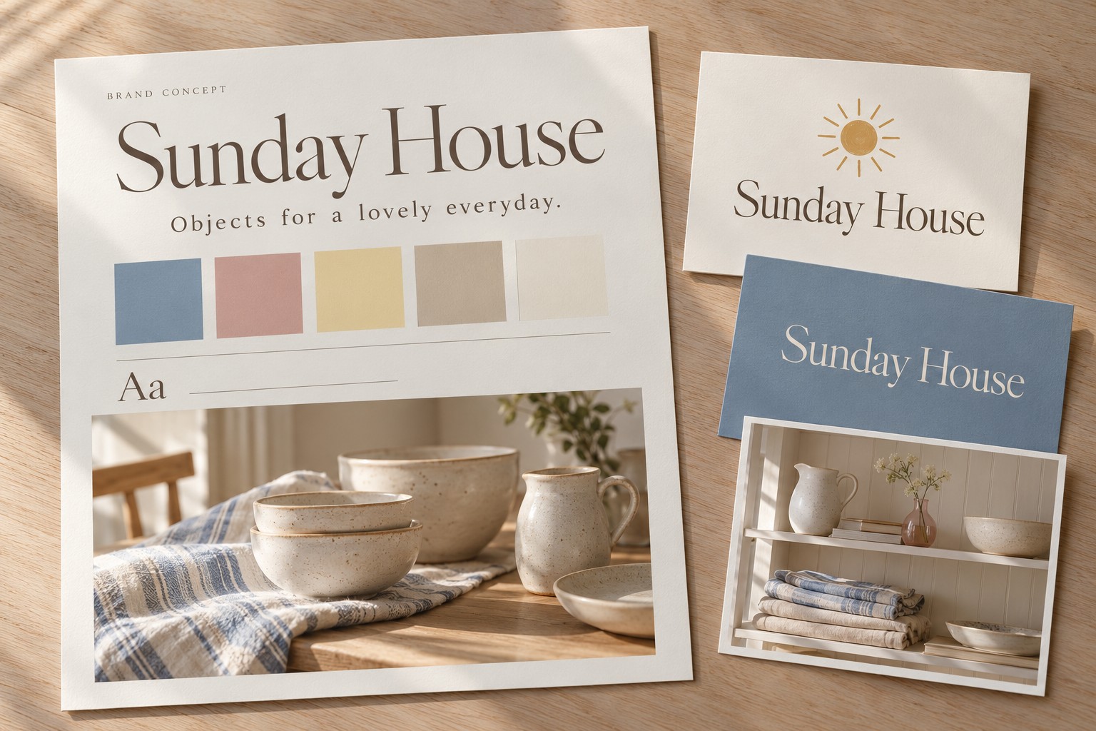 A brand board with a wordmark, swatches and cards