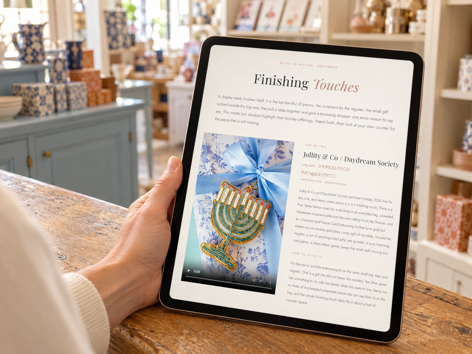 An article on a tablet in a shop